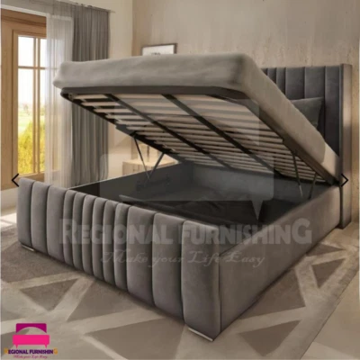 Winged Panel Bed Frame Velvet Upholstered Ottoman Gas Lift Storage Bed All Sizes | UK