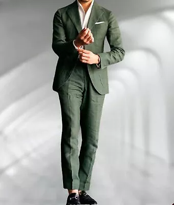 Green Men Linen Suit Notch Lapel Casual Party Prom Groom Tuxedo Wedding Custom • $80.99