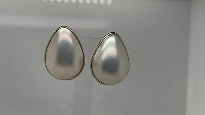 14k Yellow Gold Bezel Set Pear Shaped Mabe Pearl Stud Earrings 19x13.5mm 3.7Gr • $139