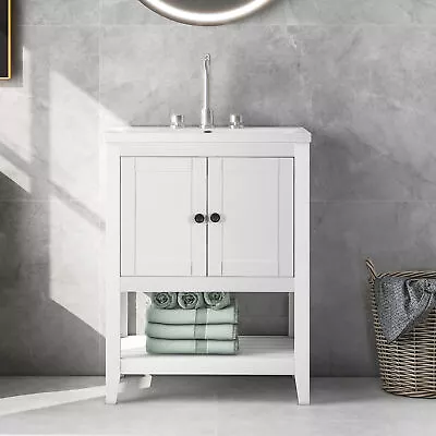 24 White Modern Bathroom Vanity Elegant Ceramic Sink With Frame Open Style Shelf • $296.18