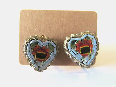 Vintage Italian Micro Mosaic Large Heart Shape Gold Plated Screw Back Earrings • $19.99