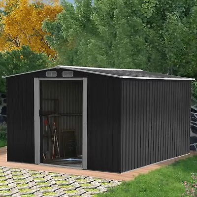 10X8FT Metal Garden Shed Apex Roof With Free Foundation Base Storage House Grey • £525