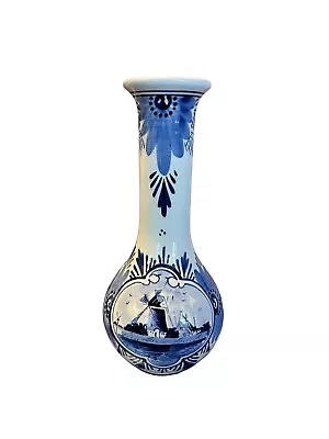 Vintage Tall Delft Vase Holland Blue And White Hand Painted Windmill & Flowers • $24.99