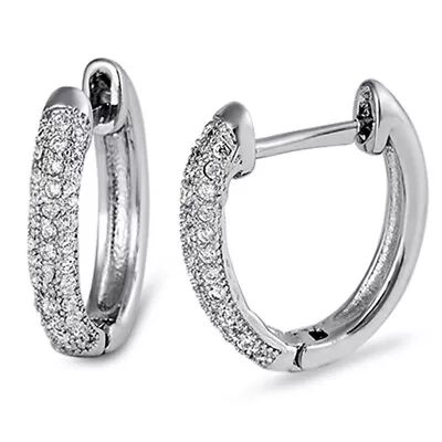 Micro Pave Huggie Hoop Earrings Clear Simulated CZ .925 Sterling Silver • $21.19