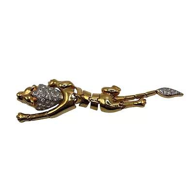 Vintage Lion Shoulder Brooch Pin Articulated Jointed Gold Tone Crystal Green Eye • $38.49