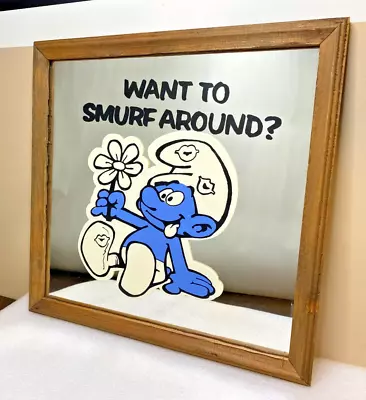 Vintage 1980’s Smurf Carnival Mirror  Want To Smurf Around ?  13 X13  Wood Frame • $34.99