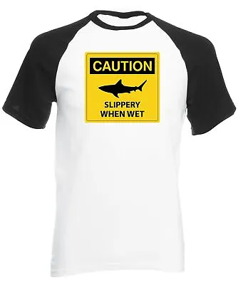 £12.99 • Buy Beware Slippery When Wet Sign Mens Baseball Shirt Funny Fishing Joke Catch