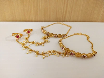 £24.29 • Buy Indian Temple Jewelry Hath Punja Bollywood Ethnic Gold Plated Bracelet With Ring