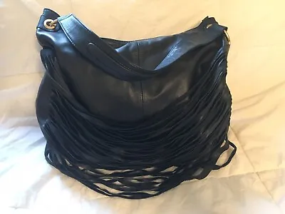 ZARA Belted Fringe Black Leather Soft Hobo Handbag-NEAR MINT • £75.04