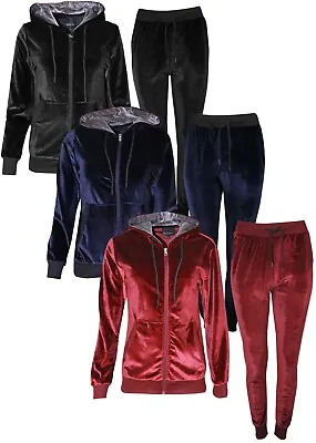 Womens Ladies Velour Velvet Hooded Top Long Sleeve Loungewear 2PCS Tracksuit Set • £19.99