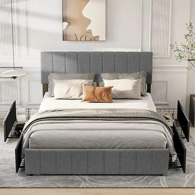 $259.99 • Buy Upholstered Queen Size Platform Metal Bed Frame With 4 Sliding Storage Drawers