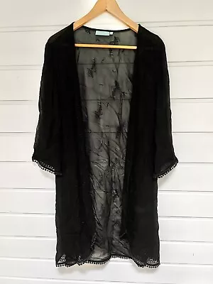 BLUE ILLUSION Womens Black Sheer Embroidered Boho Long Duster Kimono - M • $49.95