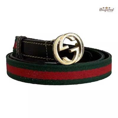 Authentic Gucci Web Canvas Brown Leather GoId Interlocking G Buckle Belt 85/34 • $299