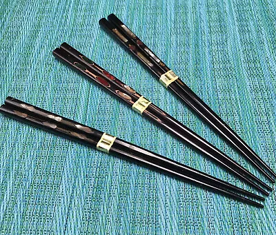 3 Pair Black Lacquered Chopsticks W Inlay Design Vintage 9” Hair Sticks Unused • $33.99