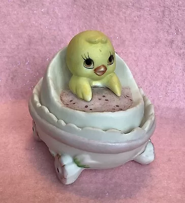 Vintage Lefton Bisque Hand Painted Chick In Egg Baby Carriage Trinket Dish • $8.99