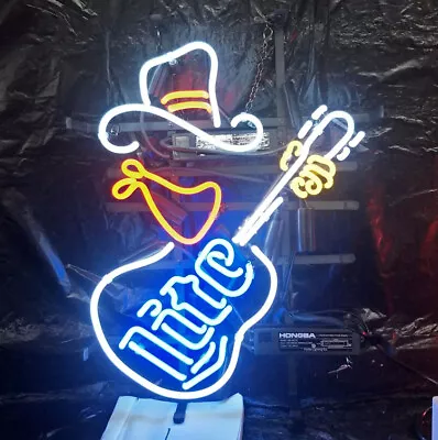 Miller Lite Beer Cowboy Guitar 20 X16  Neon Lamp Light Sign Bar Wall Decor • $134