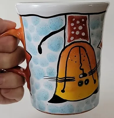 Vintage Martz Hand Painted Studio Whimsical Cat Coffee Cup Mug Redware Pottery • $17.50