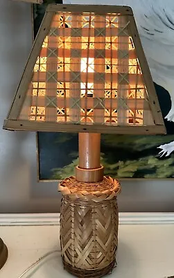 Vintage BAMBOO RATTAN LAMP 22” Tall Woven Square Shade Mid Century Lake Boho • $48
