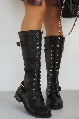New Black Lace-Up Knee High Combat Military Boots Lug Sole Block Heel Round Toe • $31.84