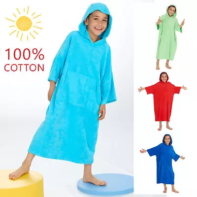 Kids Boys Swim Poncho Towel Hooded Beach Throw On Cover Ups Towelling Cotton • £12.99