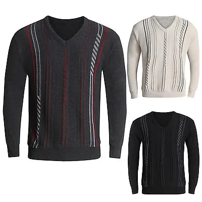 Mens Jumpers V Neck Classic Casual Knitted Striped Pullover Witner Sweaters Tops • £14.99