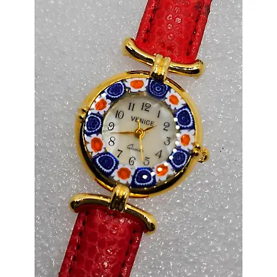 Venice Murano Glass Millefiori Watch MOP Women Gold Tone Red Band Blue Orange • $29.99