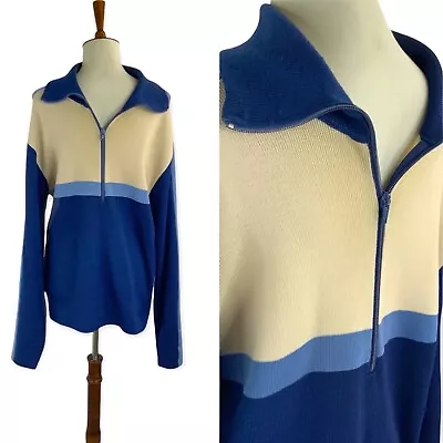 Meister 1970s Wool Ski Sweater Men's S Blue Cream 1/2 Zip Pullover Vintage • $36.99