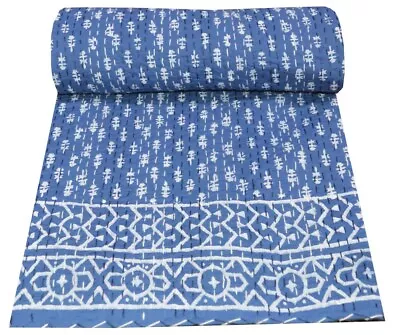 £39.99 • Buy Indian Kantha Quilt Throw Blue Bedspread Twin Size Hand Block Print  Cotton     