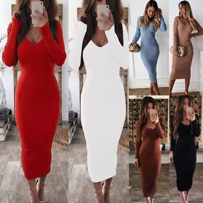 Women Ribbed Bodycon Maxi Dress Ladies V Neck Long Sleeve Formal Party Ball Gown • £14.39