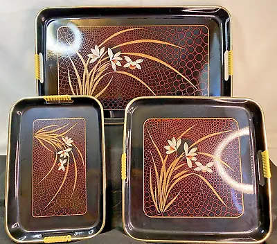 Vintage MCM Japan Nested Lacquerware Tray Set Of 3 Gold Trim Floral Asian Print • $16.99