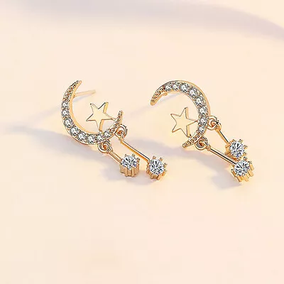 $2.24 • Buy Star&Moon Drop Earring Women Cubic Zircon Cute Yellow Gold Plated Jewelry