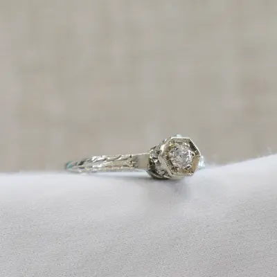 14K White Gold Filigree Vintage Engagement Ring Hex Setting .11Carat Size 6.5 • $479