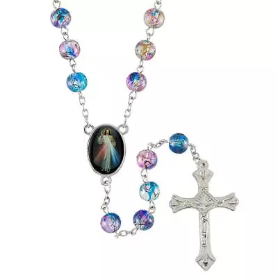 Divine Mercy Splatter Colored Bead Antique Silver Finish Rosary • $49.99