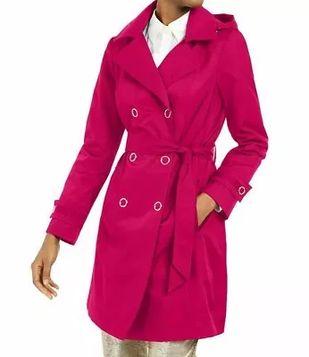 Anne Klein Double-Breasted Hooded Water-Resistant Trench Coat Fuschia  • $48.99