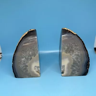 Aquamarine Agate Geode Polished Crystal Bookends Set Of 2 • $22