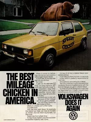 1981 Vintage Print Ad Volkswagen VW Rabbit The Best Mileage Chicken In America • $9.95