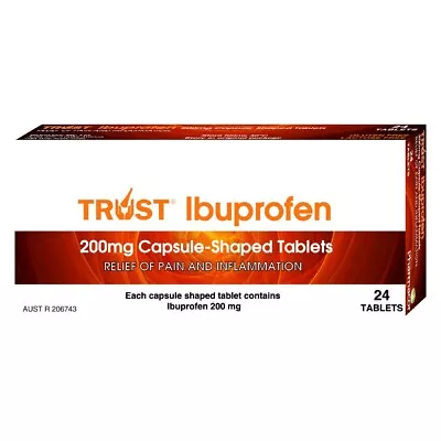 TRUST Ibuprofen 200mg 24 Capsule-shaped Tablets Pain Relief (Nurofen Generic) • $5.52