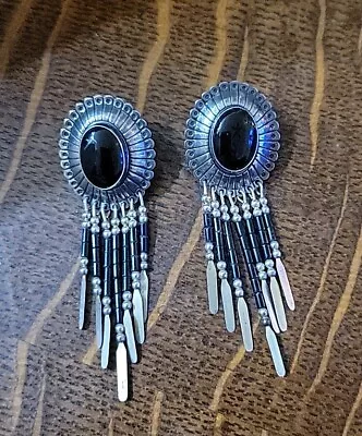 Sterling Silver Onyx Native American Style QT Quoc Earrings • $45