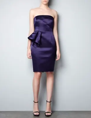 ZARA Dress Sze M Peplum Silky Satin Purple Midi Evening  Cocktail Wedding Formal • $43.96