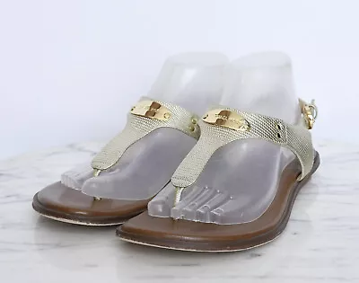 MICHAEL KORS Women's MK Gold Plate Flat Thong Sandals T-Strap Sz 8.5 Ankle Strap • $59.95