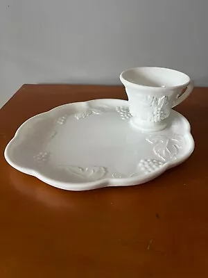 Indiana Glass   Harvest Grape   Milk Glass Luncheon Snack Plates & Cups Set Of 8 • $20