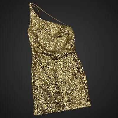 Deb Gold Sequin Mini Dress One Shoulder Sheath Party Vintage Y2K Mob Wife • $29