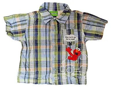 Sesame Street Boys Elmo Shirt Button Down Up Short Sleeve Blue Plaid 18 Months  • $6.99