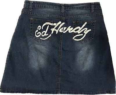 Ed Hardy Logo Graphic Skull And Rose Mini Y2K Streetwear Jean Skirt Plus Size 21 • $48.99