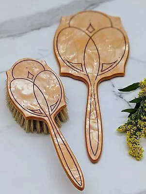 Vintage Art Deco Pearlized Celluloid Hand Mirror And Brush Set • $34.67