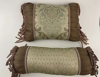 JC Penney Home PILLOW Chocolate Brown Damask Throw Bolster Fringed Vintage • $15.79