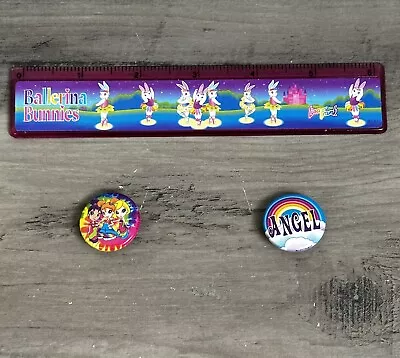 Vtg LISA FRANK 2 Pin Back Buttons Angel Y2K Ballerina Bunnies 6 Inch Ruler 2000s • $19