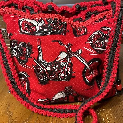 Hand Stitch Purse Tote XBODY RED BLACK Motorcycle Beads Lined Reversible LARGE • $29.95