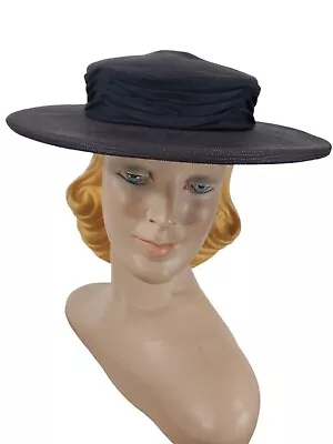 Vintage 50's Hat - Women's 1950s Boater Hat In Navy Blue Straw • $55
