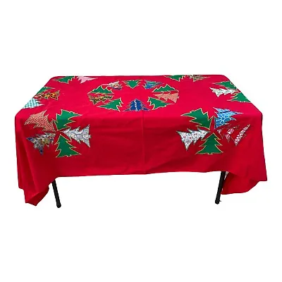 Vtg Christmas Tree Tablecloth Appliqué Embroidery Patch Quilt Red Cotton 74x51 • $24.99